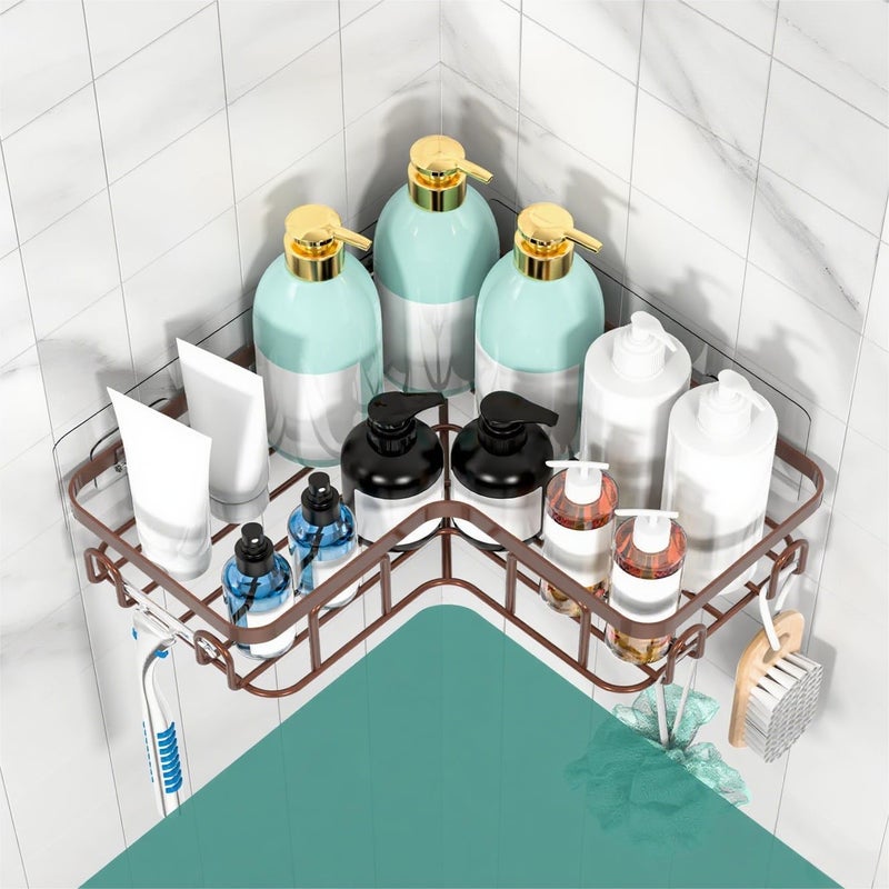 Moforoco Corner Shower Caddy Shelf Organizer Rack, Self Adhesive Black Bathroom Shelves Basket, Home Wall Shower Inside Organization and Storage Decor Rv Accessories, First Apartment Essentials(Brown) - Image 5